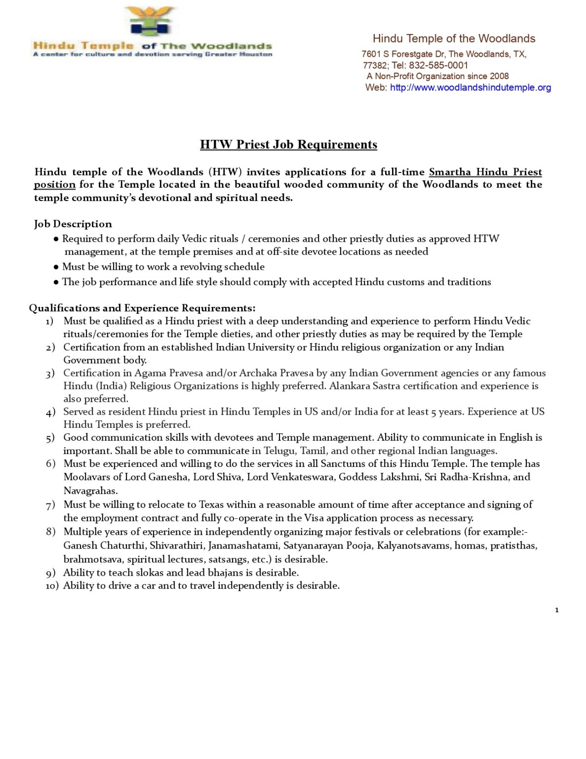 Jobs Hindu Temple Of The Woodlands